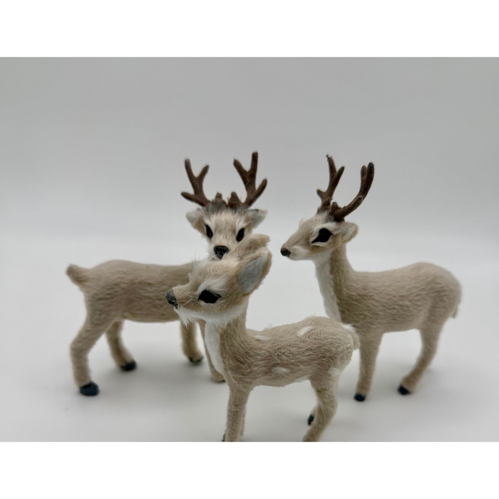 Vintage Style Fuzzy Deer Figurines Set of 3 Woodland Decor Buck Fawn